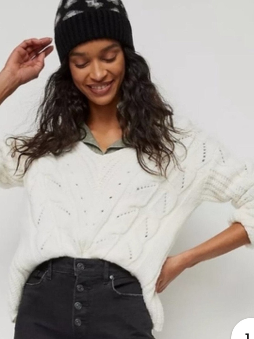 Anthropologie Cream V-Neck Cable Knit Sweater